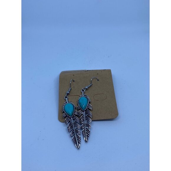 Retro Silver Leaf Earrings Turquoise Stone Accent Dangle Fashion Jewelry Womens - Picture 3 of 7